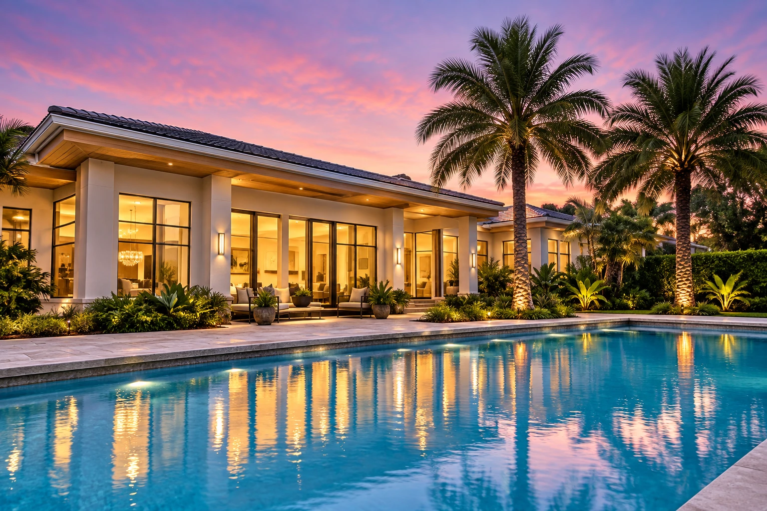 Palm-lined pool and luxury home at sunset.