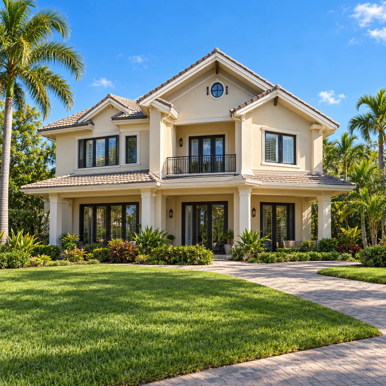 Coastal home framed by palms.